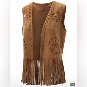 Fringed Suede Laser-Cut Vest - Brown